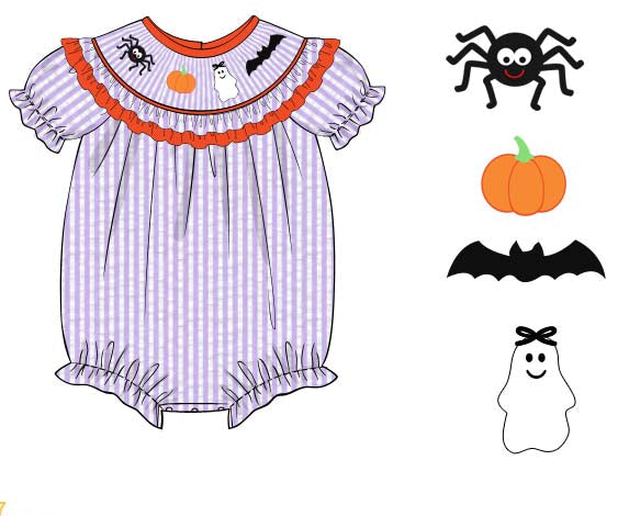 Halloween-themed baby romper with decorative elements on a white background