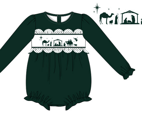 Green baby romper with nativity scene design on a white background