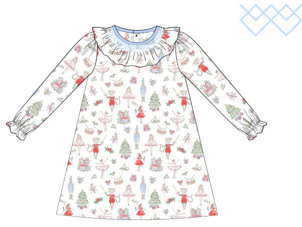 Children's dress with a nutcrackers pattern on a white background and smocked
