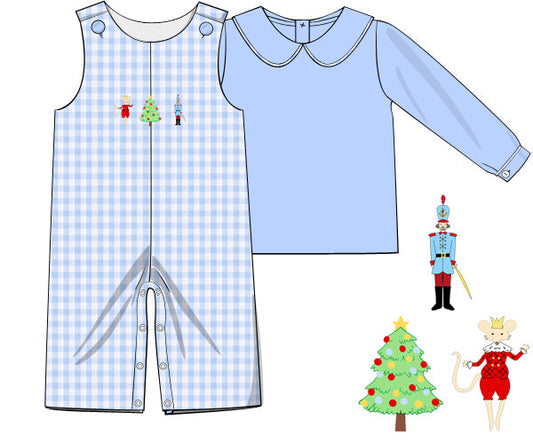 Children's outfit with blue checkered romper and light blue shirt, featuring Christmas-themed nutrackers illustrations.