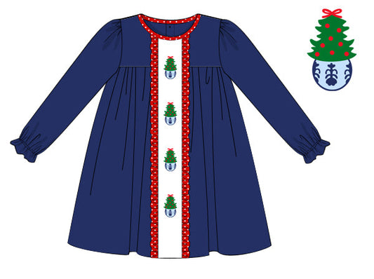 Blue dress with Christmas tree pattern on a white background