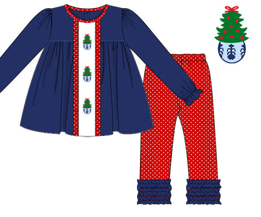 Children's outfit with blue top and red pants featuring Christmas tree design on a white background.