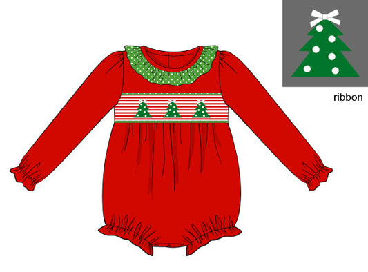 Red baby romper with green trim and Christmas tree pattern on a white background