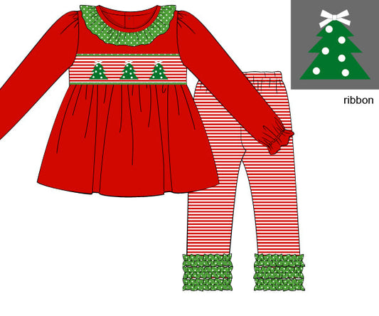 Red and green children's outfit with matching top and leggings on a white background.