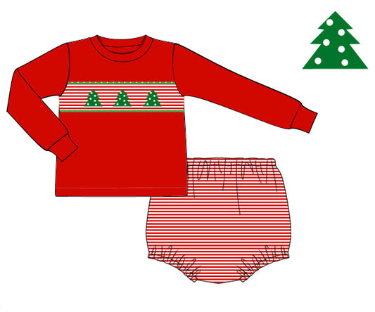 Red long-sleeve shirt and striped diaper with Christmas tree design on a white background