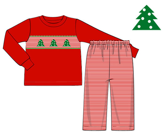 Red Christmas-themed pajama set with green trees on a white background
