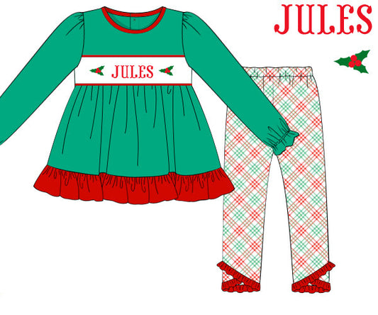 Children's green top and plaid pants set with 'JULES' branding on a white background.