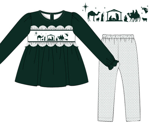 Green long-sleeve top and pants with nativity scene design on a white background