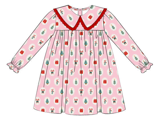 Children's dress with Christmas-themed pattern on a white background