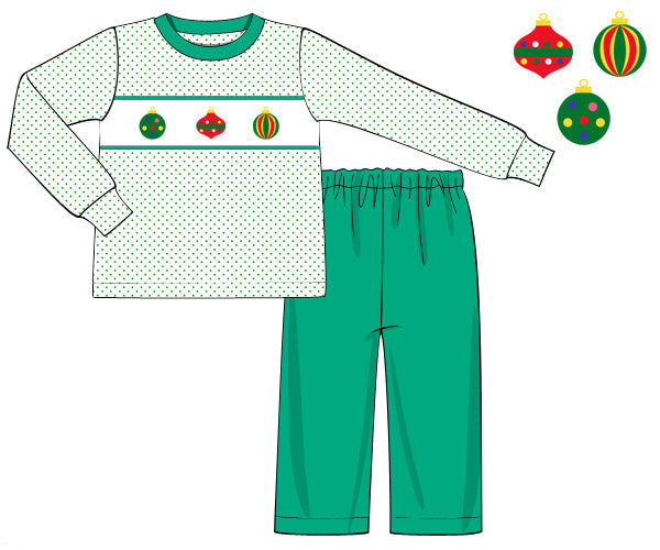 Children's green pajama set with long-sleeve top and pants, featuring Christmas ornaments on a white background.