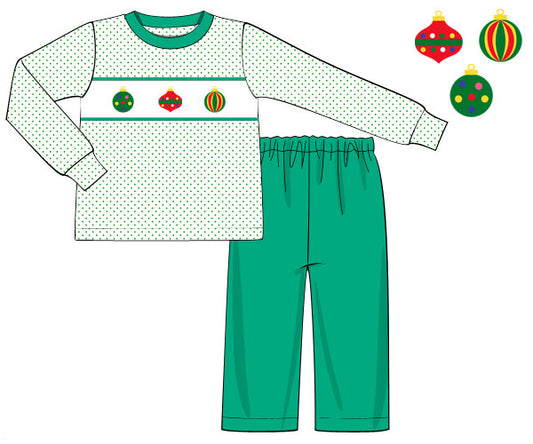 Children's green pajama set with long-sleeve top and pants, featuring Christmas ornaments on a white background.