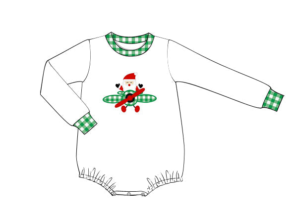 White sweater with green checkered trim and a Santa Claus design on a white background