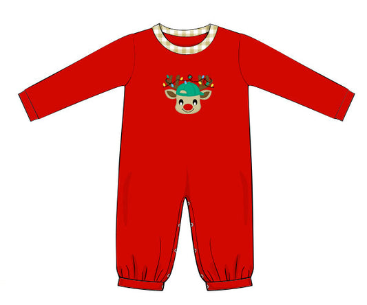 Red baby onesie with a reindeer design on a white background