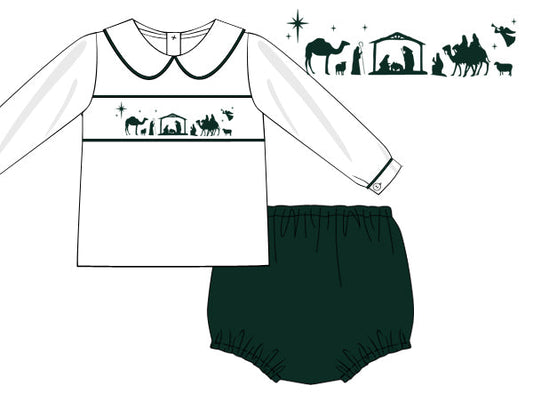 Children's outfit with long-sleeve top and green bloomers featuring a nativity scene design on a white background.