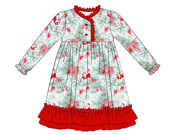 Children's dress with red and white floral pattern on a white background