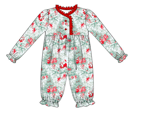 Children's pajama set with red and green floral pattern on a white background