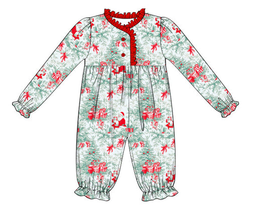 Children's pajama set with red and green floral pattern on a white background