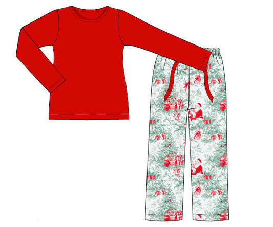 Red long-sleeve top and patterned pants on a white background