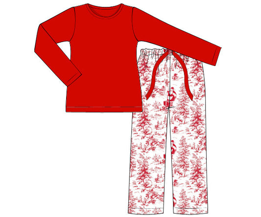 Red long-sleeve top and white pants with red pattern on a white background