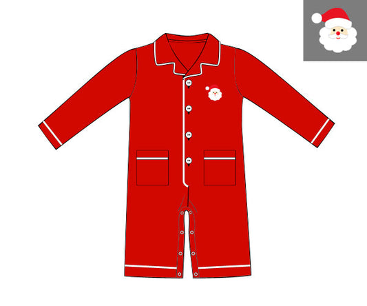 Red children's pajama set with white buttons on a light gray background