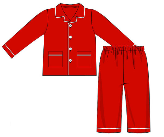 Red pajama set with white buttons on a white background