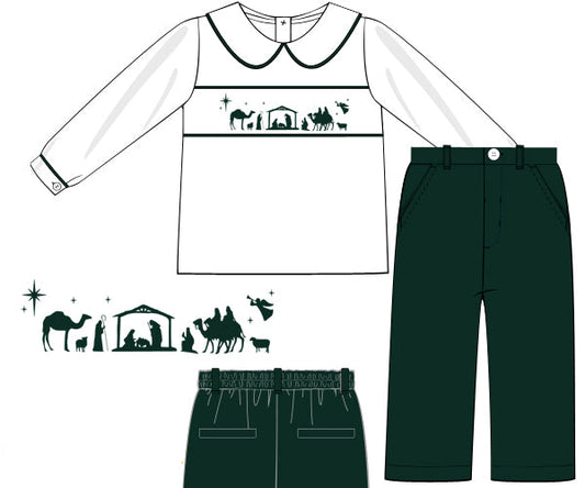 Children's outfit with long-sleeve shirt and pants featuring nativity scene design on a white background.