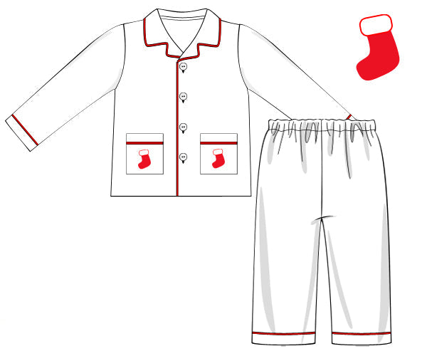 Outline of pajama set with red trim and red stocking on a white background