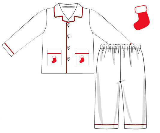 Outline of pajama set with red trim and red stocking on a white background
