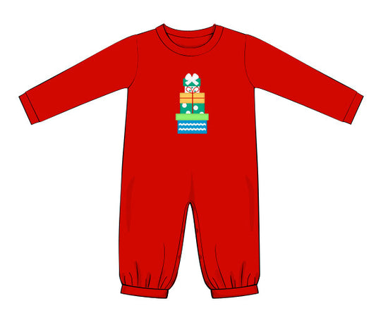 Red baby onesie with a colorful gift box design on a white background