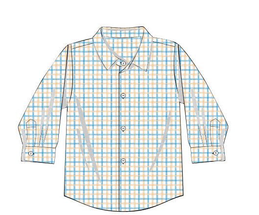 Plaid shirt with blue and orange pattern on a white background