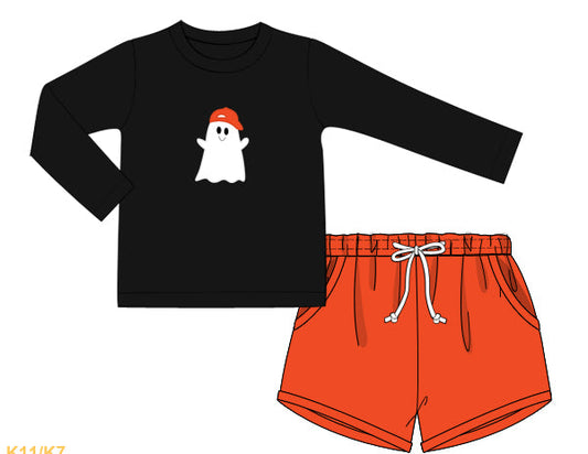 Black long-sleeve shirt with ghost design and orange shorts on a white background